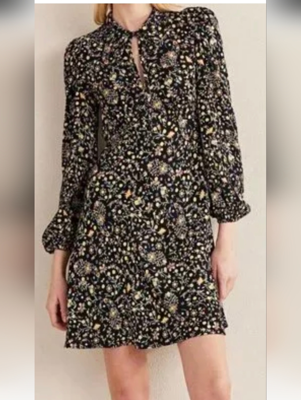 Boden Black Floral Long-Sleeve Mini Dress